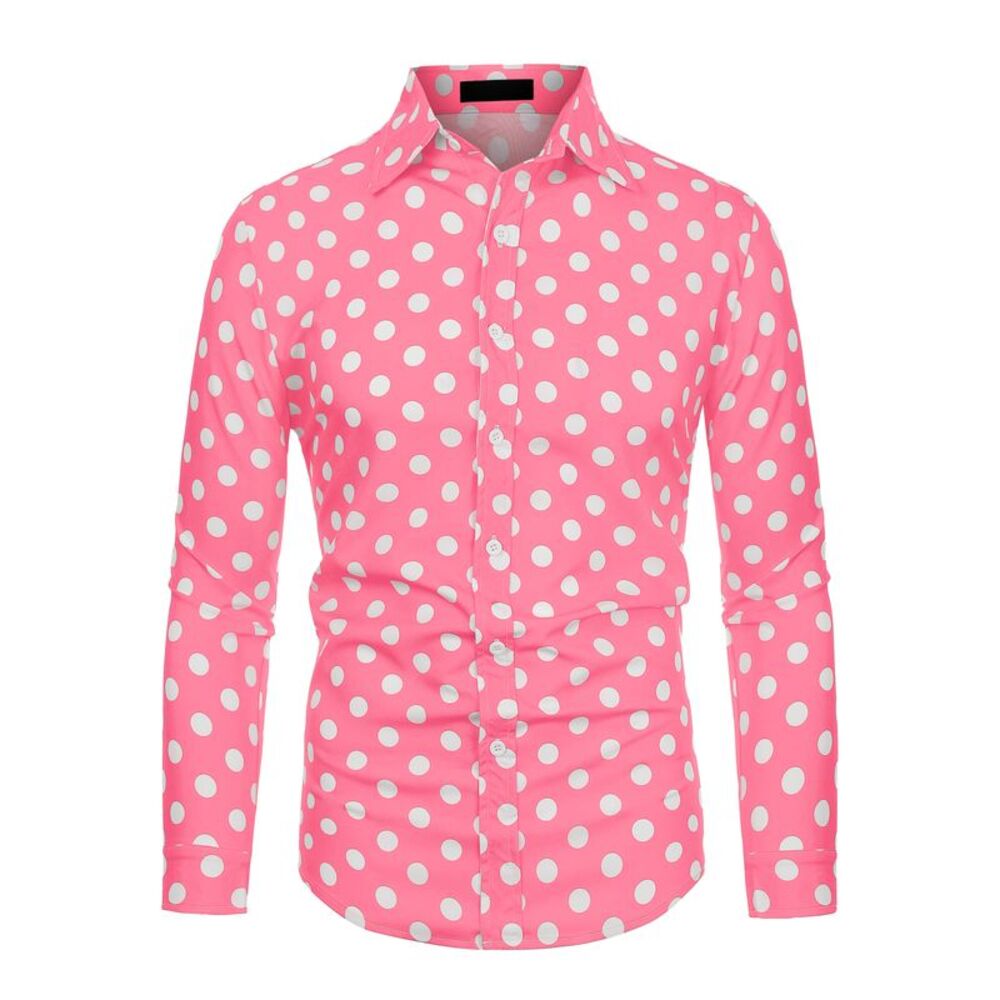 Light Pink Shirt Polka Dots Long Sleeve Slim Fit Printed Dress Button Down Shirt